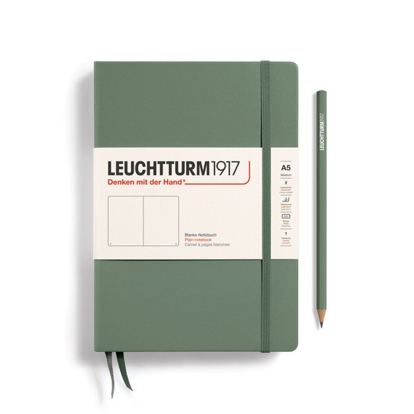 An olive green hardcover notebook.